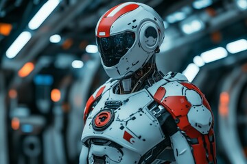 Fototapete - Futuristic humanoid robot stands in a high-tech environment with red and white design elements