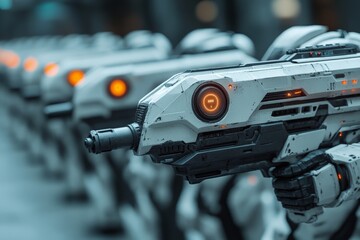 Poster - Advanced robotic units displaying precision weaponry in a futuristic environment during a training simulation