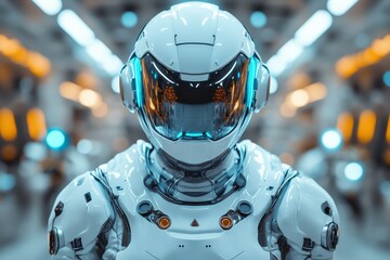 Aufkleber - Futuristic robot in a high-tech facility wearing an advanced helmet with reflective visor