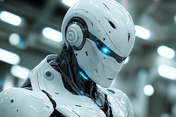 Aufkleber - Advanced humanoid robot with glowing blue eyes in a modern laboratory setting