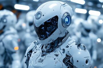 Poster - Futuristic robot in a high-tech assembly area with multiple units in the background