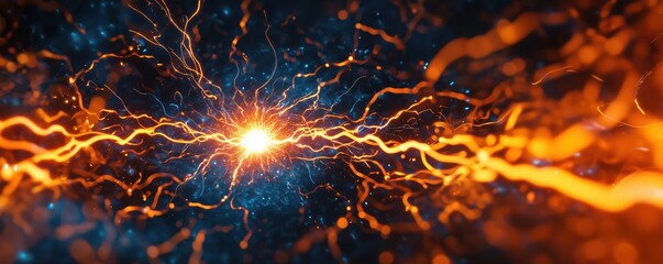 Poster - electric energy burst with glowing orange lines and cosmic background