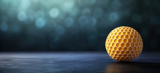Poster - Yellow honeycomb patterned sphere on dark surface with blurred background