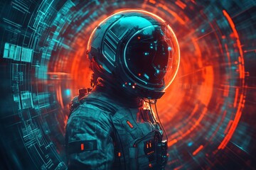 Poster - Exploration in a futuristic digital realm with a space explorer in a glowing helmet