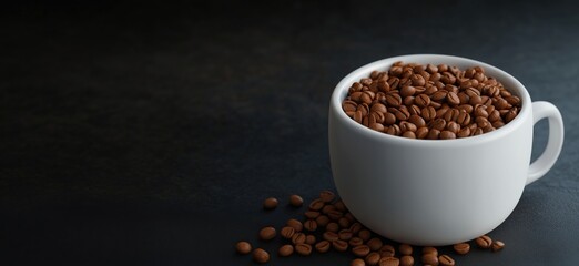 Poster - Coffee beans in white cup on dark background showcasing rich texture and color