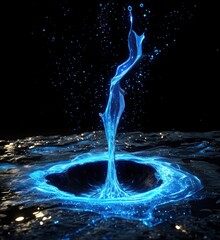 Poster - Dynamic water splash with glowing blue light against dark background