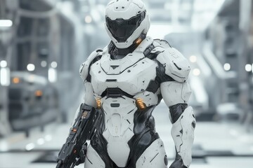 Poster - Futuristic robotic soldier standing confidently in a high-tech facility during a day shift