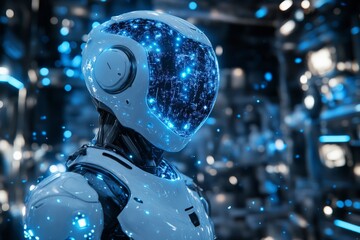 Aufkleber - Futuristic humanoid robot with glowing blue elements in a high-tech environment