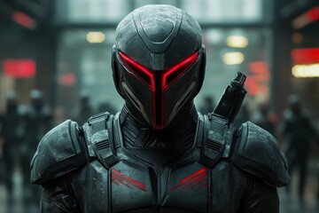 Poster - Futuristic armored soldier stands ready for action in a high-tech environment filled with shadows and glowing lights