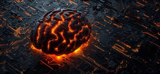 Poster - futuristic brain design with glowing circuits on dark background representing technology and intelli