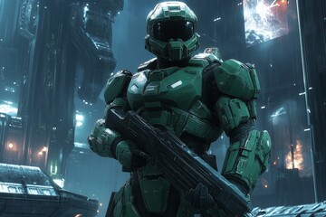 Poster - Futuristic soldier in advanced armor stands guard in a high-tech urban environment at night with glowing structures