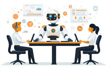 Leinwandbilder - Collaborative teamwork between humans and robot, focused on data analysis in a modern office environment