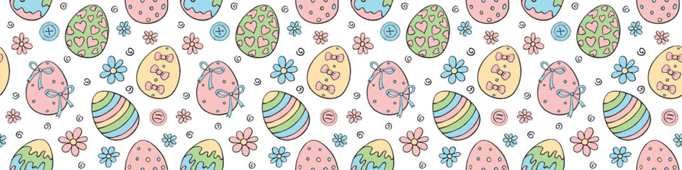 Wall Mural - Vector seamless pattern with colorful Easter eggs, flowers. Spring hand drawn doodle, holiday tradition backgrounds and textures with decorative elementsv