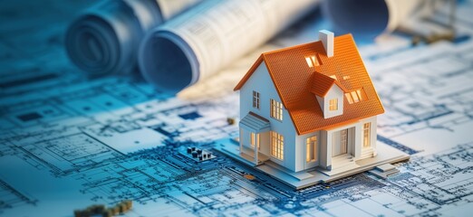 Architectural model house on blueprints with rolled plans in background