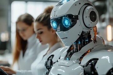 Leinwandbilder - advanced robot collaborating with scientists in a modern laboratory during research and development 