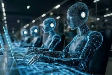 Poster - Robots engage in advanced computing tasks in a futuristic office setting during the night