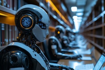 Aufkleber - Robots working diligently in a modern library during a quiet afternoon