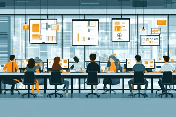 Aufkleber - Collaborative work environment with professionals engaged in discussions and analyzing data in a modern office setting