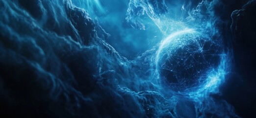 Poster - cosmic blue sphere surrounded by ethereal clouds and glowing connections