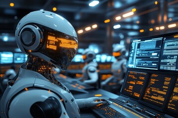 Poster - Futuristic robots engaged in complex data analysis within a high-tech control room at night