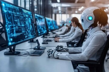 Aufkleber - Robotic professionals engaged in advanced technology tasks at a modern office environment