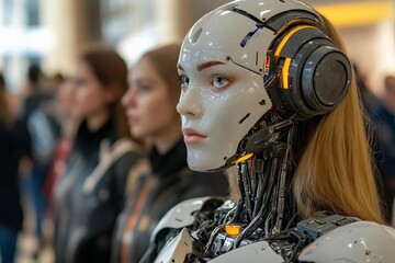 Poster - Futuristic humanoid robot displayed at technology expo alongside human onlookers in a modern exhibition setting