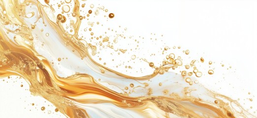 Poster - Golden liquid splash with bubbles and flowing texture on white background