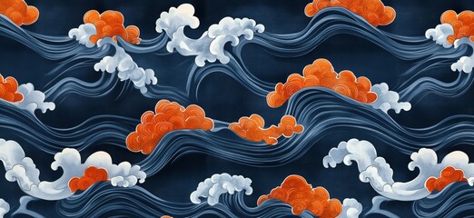 Poster - Stylized ocean waves and clouds pattern in blue and orange tones for textile design