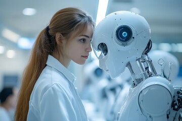 Leinwandbilder - interaction between a young scientist and a humanoid robot in a lab during a research experiment