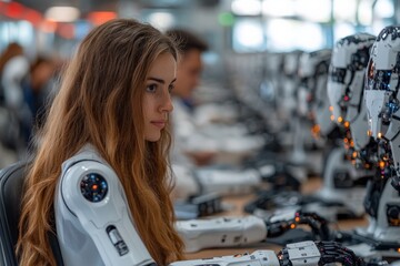Poster - Young woman interacts with humanoid robots in a modern technology lab during a robotics workshop