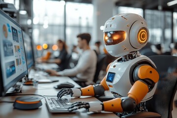 Poster - Advanced robot working diligently at a computer in a modern office environment during daytime hours