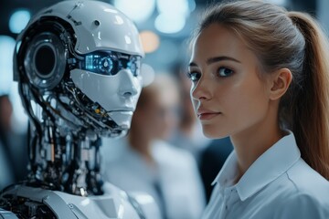 Aufkleber - Woman interacts with humanoid robot in a futuristic technology setting during a conference discussion
