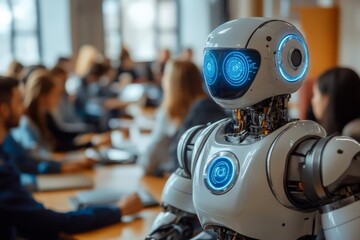 Aufkleber - Advanced robot engages in discussion with business professionals in a modern conference room