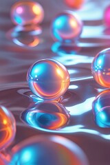 Poster - Colorful spheres floating on reflective surface during tranquil setting at dusk
