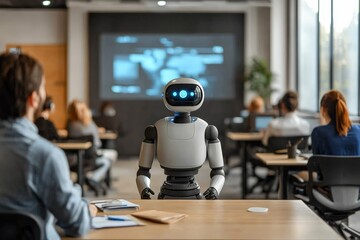 Aufkleber - Robot teaches a technology class to students in a modern classroom setting
