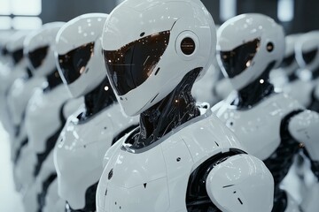 Leinwandbilder - Robots lined up in a futuristic factory showcasing advanced technology and design