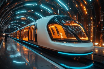 Aufkleber - Futuristic train station with glowing lights in an urban setting during nighttime transit