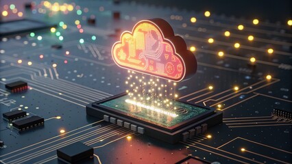 Poster - A vibrant, digital cloud icon appears on a circuit board, symbolizing cloud computing and data transfer with glowing connections.
