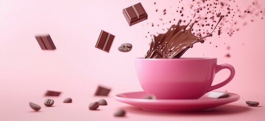 Poster - Chocolate splash in pink cup with chocolate pieces and coffee beans