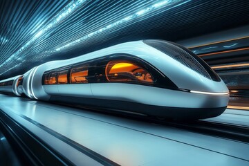 Aufkleber - Modern sleek train at high-speed station during evening commute in futuristic city