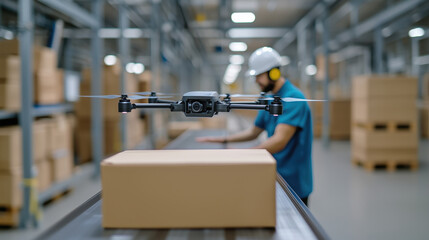 Poster - drone delivering packages in a modern warehouse setting with focus on worker and cardboard boxes on 