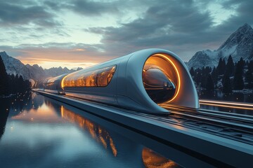Aufkleber - Futuristic train station at sunset beside a serene lake with towering mountains in the background