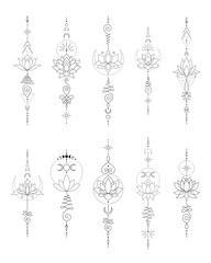 set of mystic lotus sacred geometry unalome boho tattoo design collection. vector isolated buddhist 