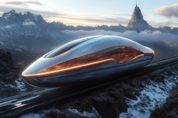 Poster - Futuristic spacecraft resting by a mountain landscape during twilight in a conceptual art setting