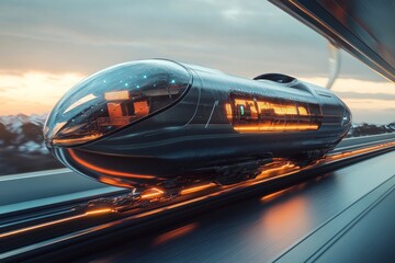 Aufkleber - Futuristic train glides along a sleek track at dusk showcasing advanced technology and design