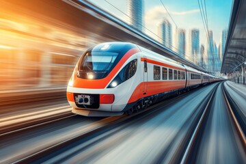 Poster - Fast modern train travels through an urban area during sunset with skyscrapers in the background