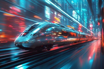 Aufkleber - High-speed train races through a futuristic cityscape at night under vibrant neon lights