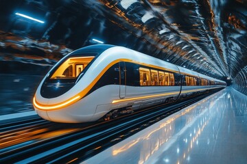 Aufkleber - Fast and modern train traveling through a futuristic tunnel at night with vibrant lights illuminating the environment