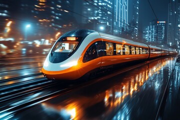 Aufkleber - Fast-moving train travels through a vibrant city at night with illuminated skyscrapers reflecting off wet tracks
