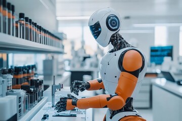 Poster - Advanced robot conducting experiments in a modern laboratory during daylight hours